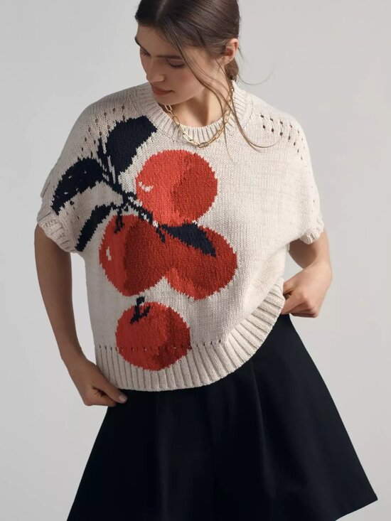 Anthropologie Sweaters - Anthropologie Maeve Short-Sleeve Veggie Motif Graphic Sweater Apples S NWT